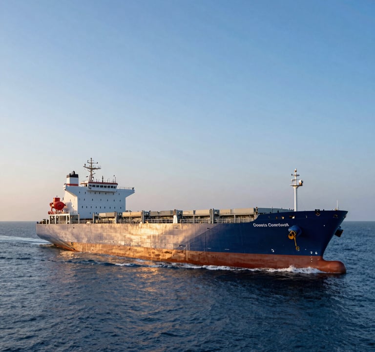 A high-end professional photograph of a large cargo vessel navigating a busy trade route at dawn, with deep blue waters and sky blue horizon, symbolizing global commodity flows.