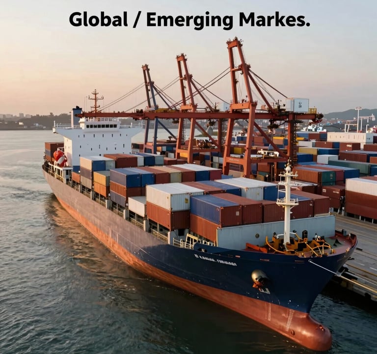 High-angle photography of a massive cargo ship docked at a modern deep-water port terminal during sunset. The scene reflects the scale of global commodity trade flows and logistics excellence. Global / Emerging Markets.