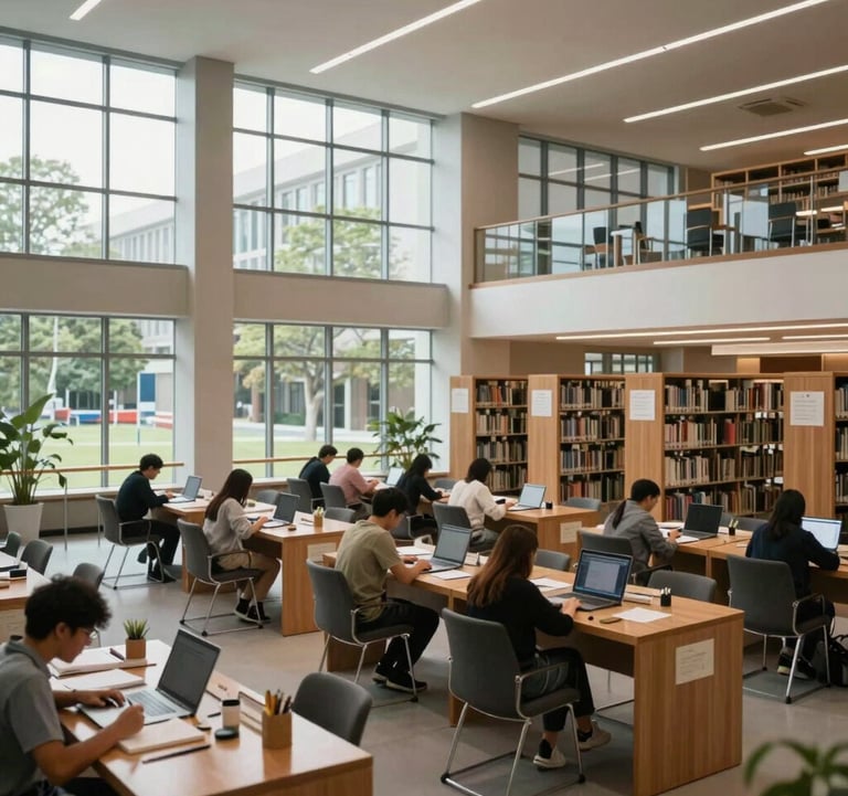 A wide shot of a modern university library with large windows and students studying, symbolizing education and student visa services.