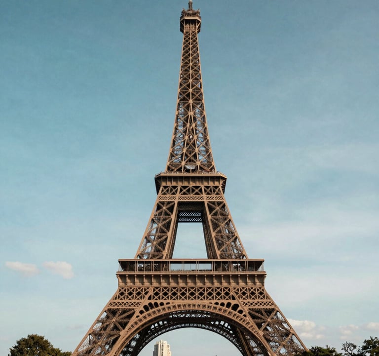 A famous European landmark, like the Eiffel Tower, captured from a distance with a beautiful blue sky background, soft and elegant style.