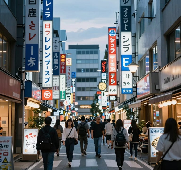 A vibrant street scene in Tokyo at dusk, with glowing blue and white neon signs, depicting the excitement of international travel.