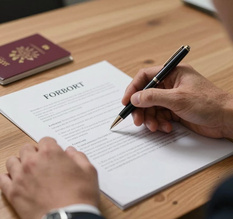 A close-up photography of a business person's hands holding a legal document and a sleek pen on a wooden desk. A passport is visible nearby. Professional and sharp focus.