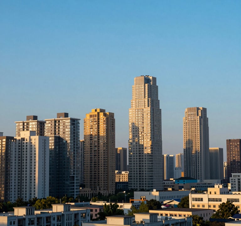 A scenic view of a modern cityscape with high-rise buildings under a clear azure sky, shot during the golden hour with soft blue and gold tones.