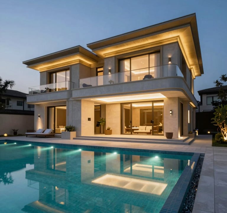 The exterior of a modern, opulent villa at night. Integrated smart lighting accentuates the sharp architectural lines in gold (#A8875D). The pool area glows with subtle teal (#2E7D8A) underwater lights. The scene reflects high-end security and outdoor automation in a polished, exclusive environment.