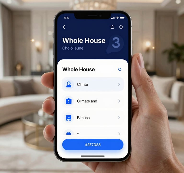A close-up of a high-end mobile app interface on a premium smartphone, showing 'Whole House' climate and security status. The hand holding it is in a blurred luxury living room setting, using #0F1A2B and #2E7D8A in the UI design.
