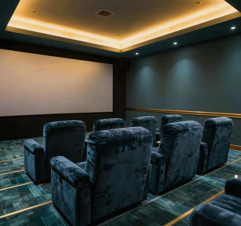 A luxury home cinema room with deep velvet seating. The lighting is a custom 'Movie Scene' with subtle teal floor strips (#2E7D8A) and a golden ceiling glow (#A8875D), showcasing effortless atmospheric control.