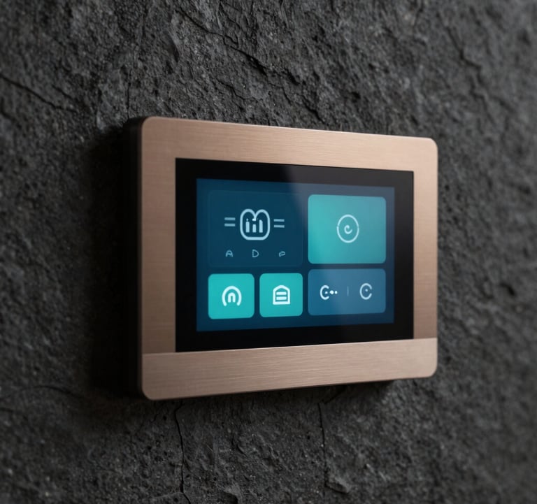 A close-up of a minimalist, elegant wall-mounted smart touch panel with a brushed metal frame (#A8875D). The screen displays a sophisticated, unified UI with teal icons (#2E7D8A) for lighting and climate control. Set against a dark, textured stone wall in a luxury setting.