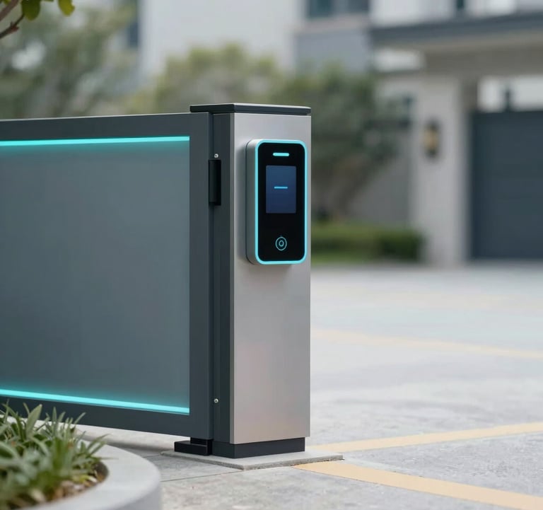 An uncompromising security scene: an elegant modern driveway gate with integrated facial recognition. The lighting is crisp and modern with teal-cyan (#2E7D8A) accents indicating an active, secure state.