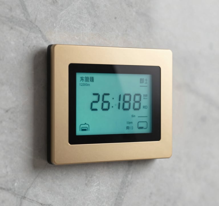 A close-up of a minimalist, high-end thermostat showing advanced climate control settings. The device is sleek with metallic gold (#A8875D) accents and a cool teal-cyan (#2E7D8A) digital display, set against a polished marble wall.