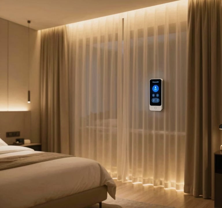 A luxury bedroom with 'Sleep' mode active. Motorized curtains are closed, and subtle warm gold (#A8875D) floor lighting guides the way, illustrating bespoke lifestyle automation.
