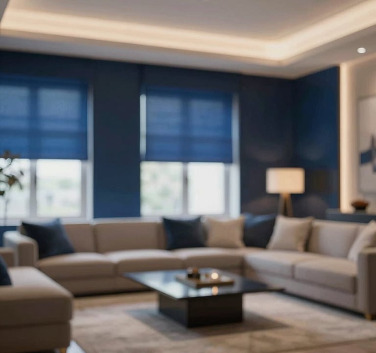 A sophisticated living room with intelligent lighting and shading. Sheer motorized shades are partially lowered, and warm royal blue (#0F1A2B) accents highlight the architectural details of the room.
