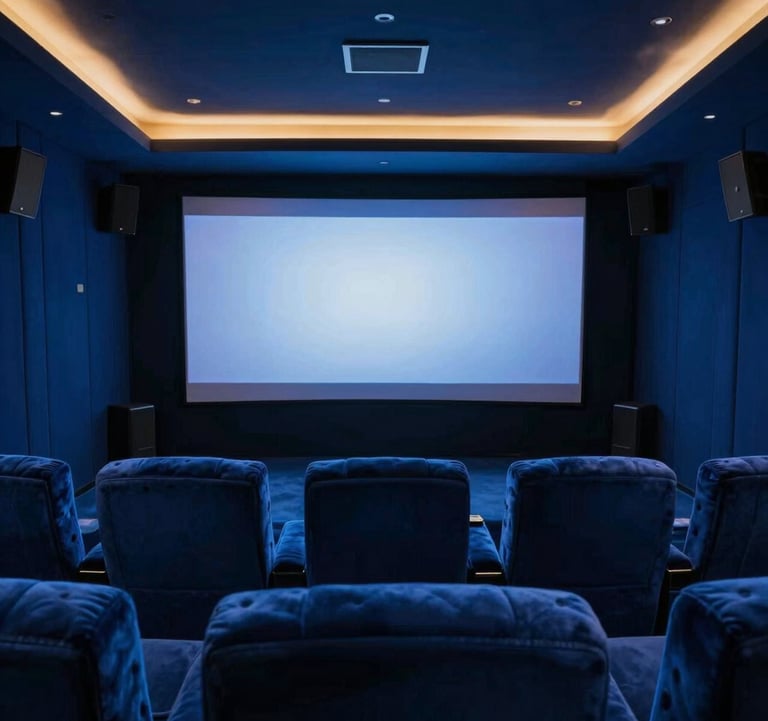A luxury private cinema room in a Dubai villa, featuring deep royal blue (#0F1A2B) plush seating and a soft gold (#A8875D) halo light surrounding the screen, showcasing peak immersive audio/video technology.