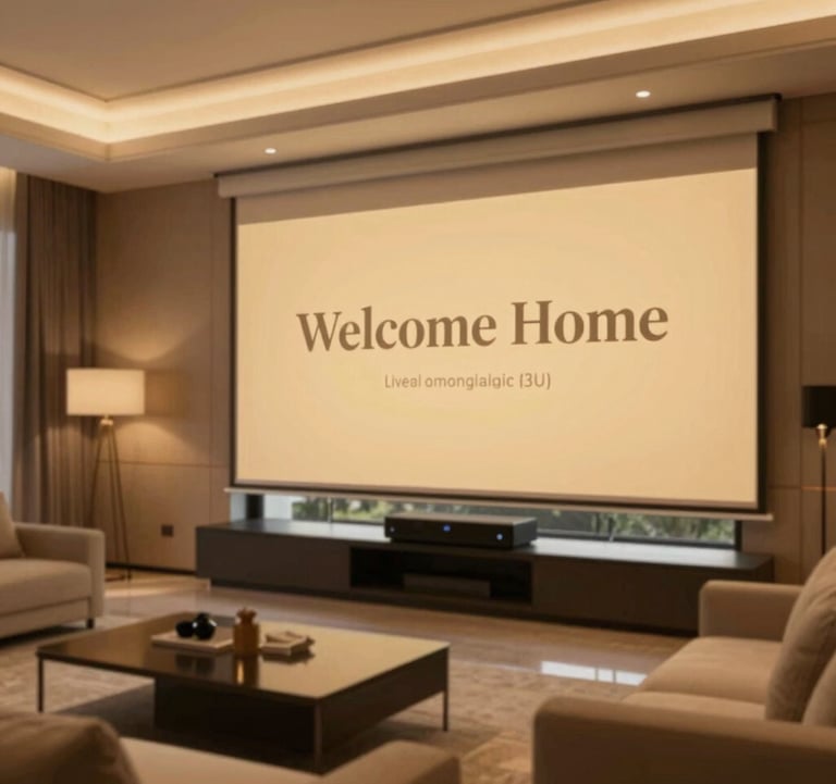 A luxury villa living room showcasing a 'Welcome Home' scene. Automated motorized shades are partially drawn, lighting is set to a warm amber glow (#A8875D), and the integrated AV system is discreetly visible. The vibe is sophisticated, comfortable, and flawlessly modern.