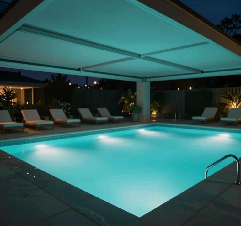 An automated outdoor pool area at night. Motorized shading is half-retracted, and the pool glows with teal-cyan (#2E7D8A) smart lights. The vibe is ultra-premium and serene.