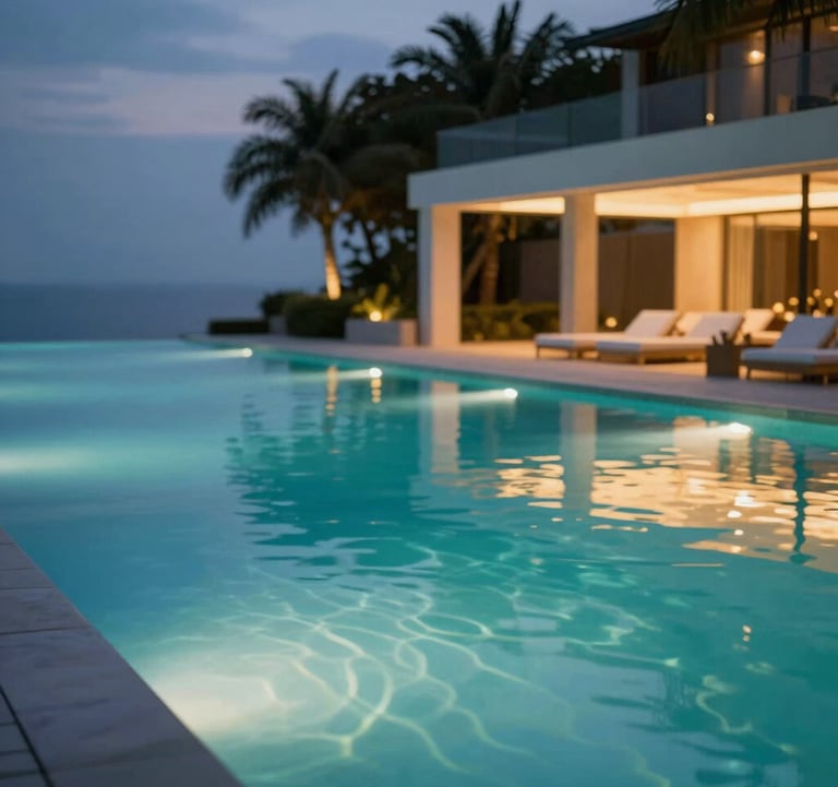 An outdoor infinity pool area at dusk, with smart-controlled underwater lighting in teal and landscape lighting in warm gold. The reflection on the water is crisp and luxurious, utilizing the full brand palette.