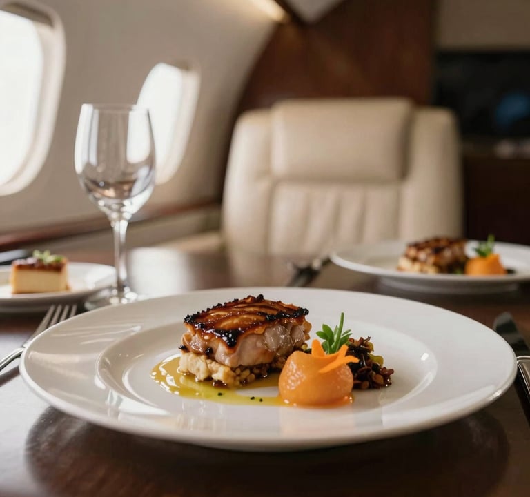 Close-up of a perfectly plated gourmet meal inside a luxury private jet cabin. Soft, warm lighting reflecting off crystal glassware, emphasizing a premium catering standard. Subtle hints of orange in the garnish.