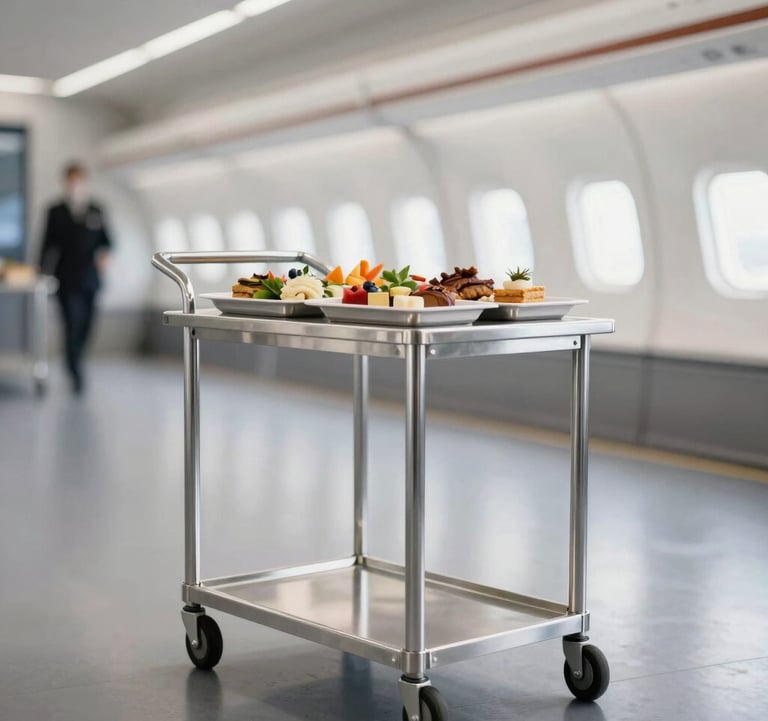A professional catering cart being prepared for a commercial flight. Sleek stainless steel, organized gourmet trays, bright and clean studio-style lighting in an aviation hangar setting.