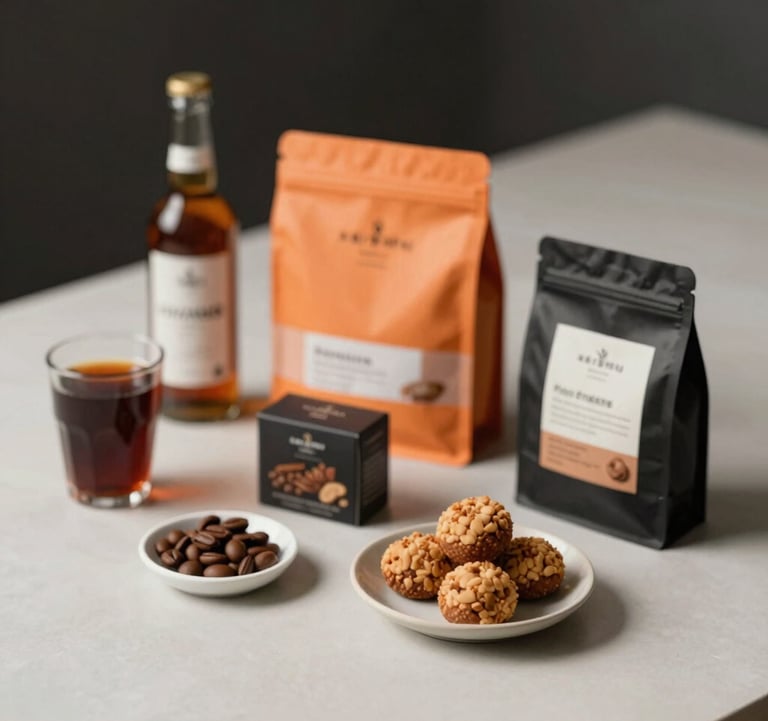 A selection of premium snacks and beverages neatly arranged on a clean, modern surface. Sophisticated packaging, minimalist presentation, high-contrast lighting with deep shadows and orange accents.