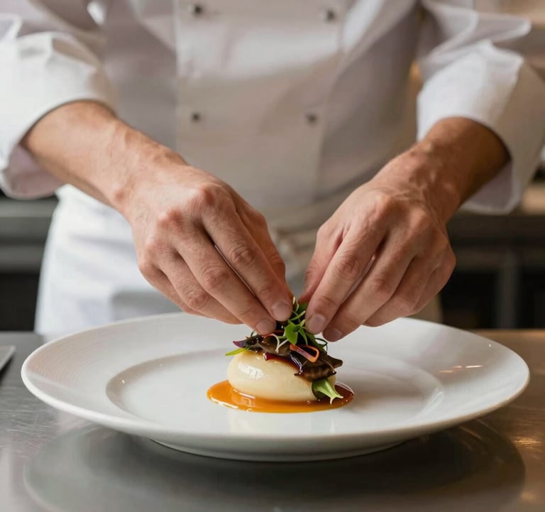 Close-up of a chef's hands placing a delicate garnish on a gourmet plate, high-end kitchen setting, sophisticated lighting with warm orange highlights, minimalist and clean aesthetic.