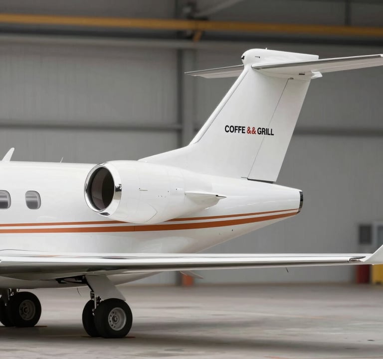 The tail of a sleek white business jet with a minimalist orange stripe, parked in a clean hangar, representing professionalism and the elite service context of COFFE & GRILL.