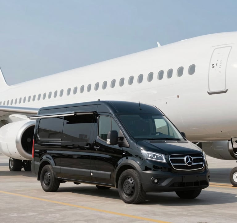 A sleek, black catering vehicle specialized for aircraft height, positioned next to the wing of a white jet, modern logistics imagery, clean lines, professional and efficient vibe.