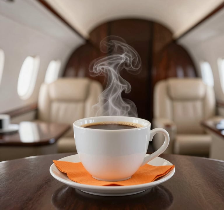 Close-up shot of a premium coffee service on a private jet, steam rising from a modern cup, orange napkin accent, soft focus on the luxurious cabin interior background.