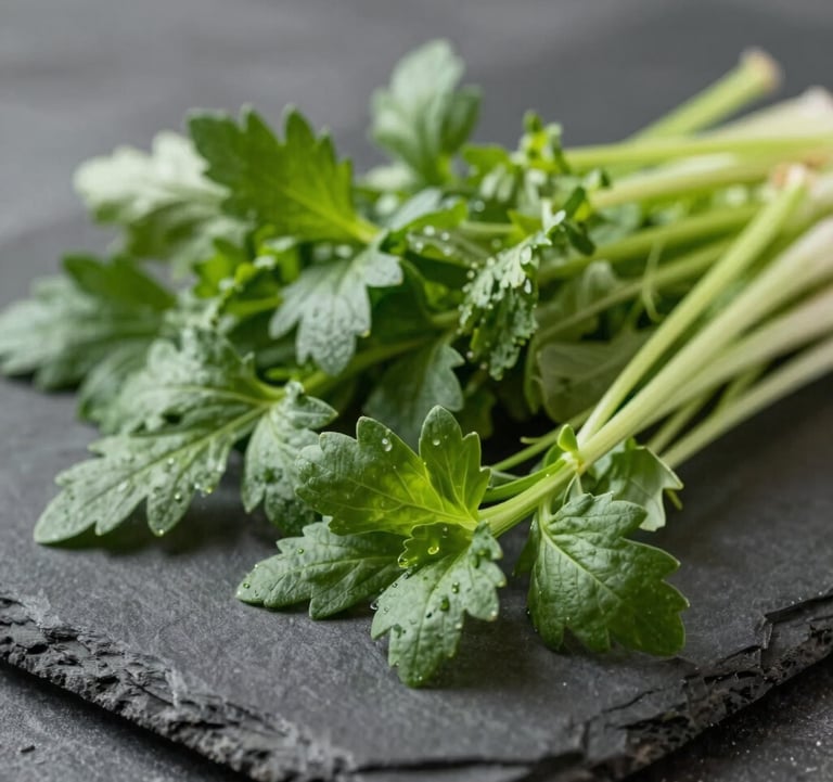 Artistic shot of fresh, premium ingredients like herbs and vegetables on a dark slate background, professional studio lighting, representing the freshness and quality of the food.
