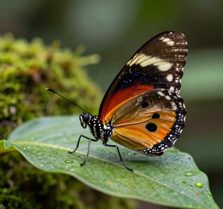 A vibrant macro photograph of a rare, colorful butterfly on a tropical leaf in the Phulchoki jungle. The background is a soft-focus moss green and sage green, highlighting the biodiversity of the open zoo.