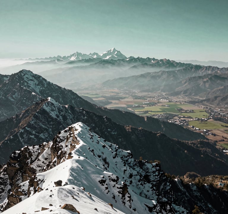 A majestic panorama shot from the top of Phulchoki Peak showing the snowy Himalayan mountains on one side and the vast Terai plains on the other. Colors include dark slate grey peaks and pale mist green skies.