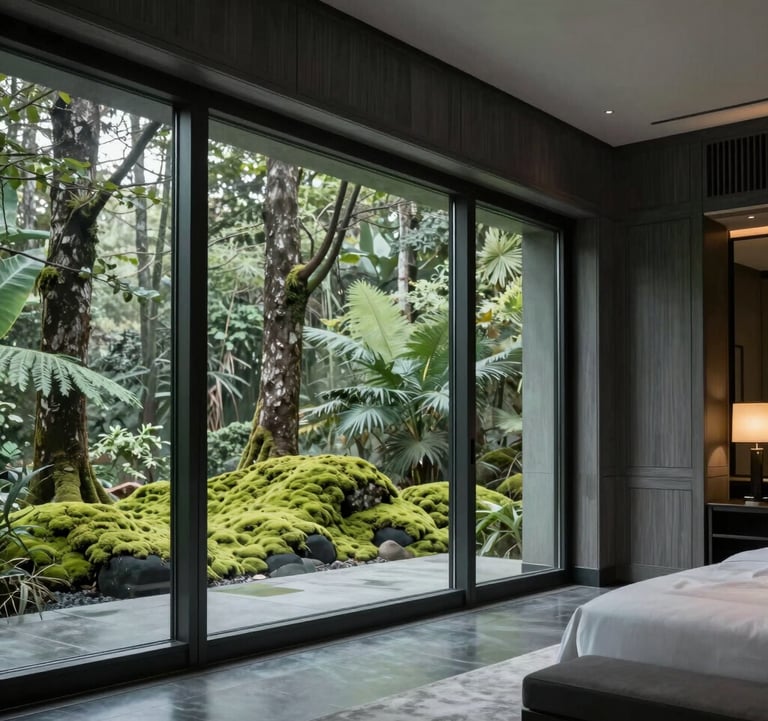 A luxury 5-star resort interior with elegant wood finishes and large glass windows overlooking a soft moss green forest. The mood is sophisticated and peaceful, using a dark slate grey and pale mist green palette.