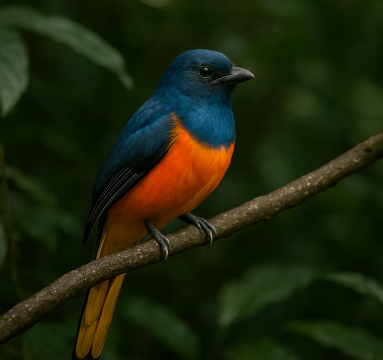 Photography of a rare, colorful bird perched on a branch within the Phulchoki jungle, functioning as an open zoo. The lighting is soft and filtered through deep muted forest green leaves, highlighting the vibrant plumage.