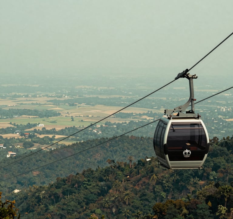 An adventurous photograph from the Phulchoki pick showing a luxury cable car cabin overlooking a vast panorama where the distant flat Terai plains meet the base of the mountains. The colors include pale mist green and deep forest shadows.