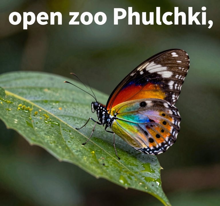 A vibrant macro photograph of a rare, colorful Himalayan butterfly resting on a leaf in the Godawari jungle. The background is a soft-focus mix of leaf green and muted moss green, reflecting the 'open zoo' atmosphere of Phulchoki.