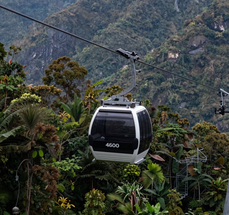 A sleek, modern cable car cabin moving over the dense, verdant forests of Godawari. The composition is from a slightly elevated angle, showing the scale of the 4600m journey against the dark slate grey mountain slopes.