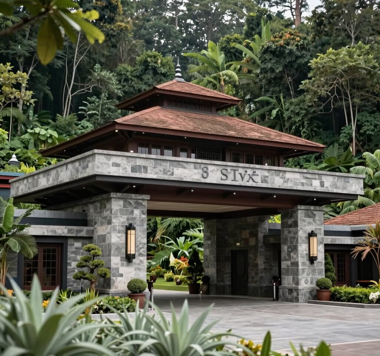 An elegant architectural photograph of the 5-star resort entrance in Godawari. The structure blends sophisticated modern stone work with traditional Nepalese aesthetics, surrounded by lush forest greenery and soft sage green foliage.