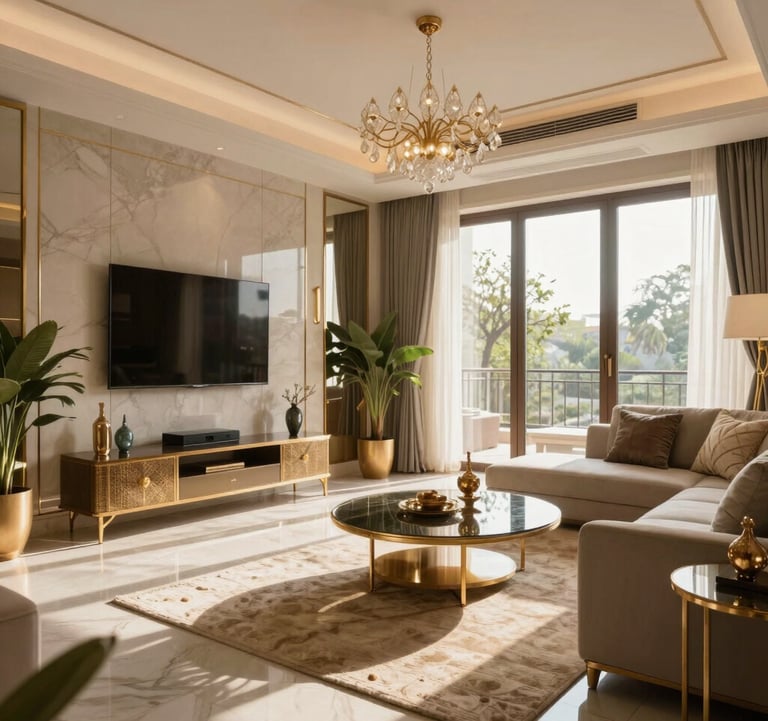 A wide shot of a luxury 3BHK apartment interior in India, contemporary South Asian decor with antique gold finishes, morning sunlight.