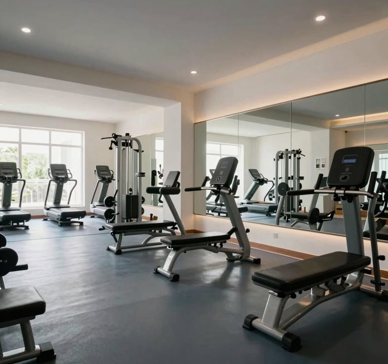 A sleek, fully equipped modern gym within an apartment complex in Ranchi, South Asian / Indian setting. Polished dark blue-grey floors and off-white walls. Large mirrors reflect a clean, high-standard fitness environment.