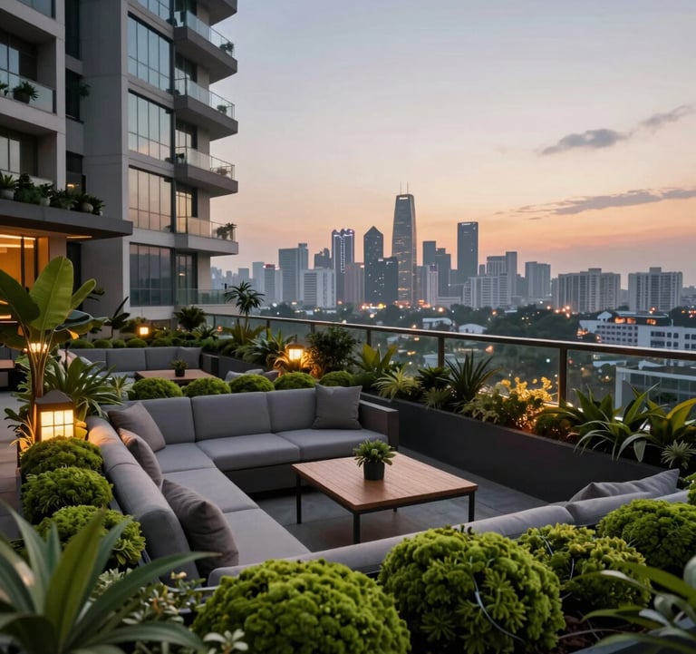 A terrace garden on a high-rise building in Ranchi, featuring comfortable seating, moss green plants, and a stunning view of the city skyline at dusk.