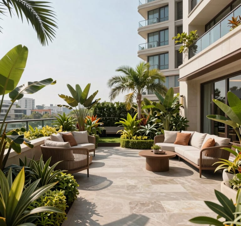 A lush rooftop terrace garden on a premium apartment building. Elegant stone flooring, manicured tropical plants, and comfortable outdoor seating under the bright sun. Sophisticated landscaping in a high-end South Asian / Indian residential environment.