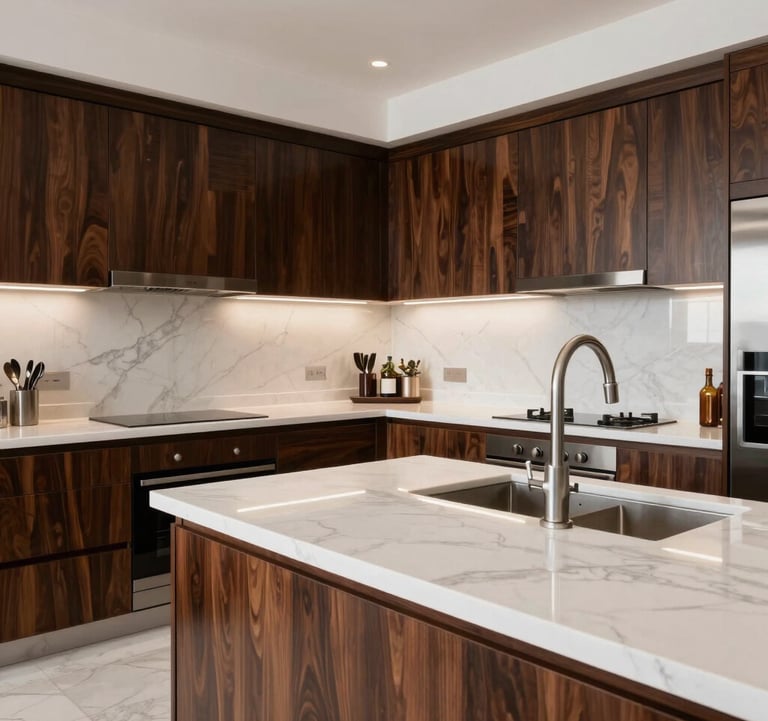 Modern kitchen photography in a South Asian / Indian luxury apartment, featuring white marble countertops and sleek dark wood cabinets, showcasing high-end finishes and quality construction.