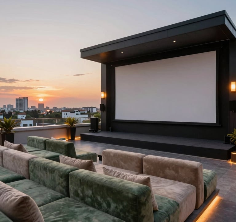 A luxury rooftop theatre setting at sunset. Large projection screen, plush seating areas with muted green and beige cushions, and soft ambient lighting. Elegant South Asian / Indian residential amenity with a view of the Ranchi city skyline.