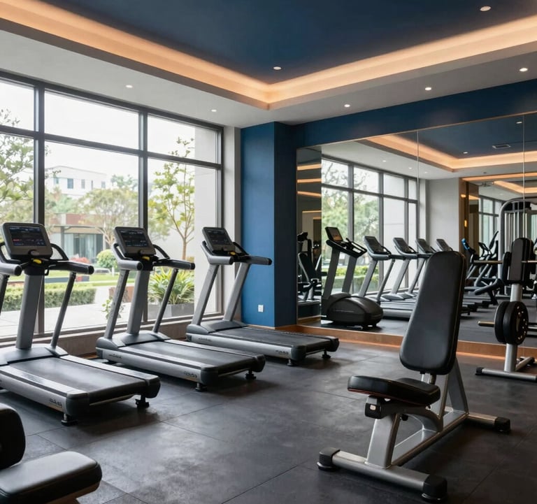 Interior of a modern, fully-equipped gym within a luxury residential project. High-end equipment, large windows with natural light, and sophisticated dark blue and gray accents. A clean and inviting fitness space in a South Asian / Indian setting.