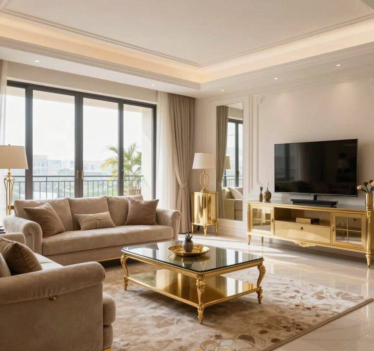 A bright, high-end 3BHK living room in a South Asian / Indian luxury apartment. The interior features beige and off-white walls with elegant gold-toned furniture. Large floor-to-ceiling windows let in soft daylight.