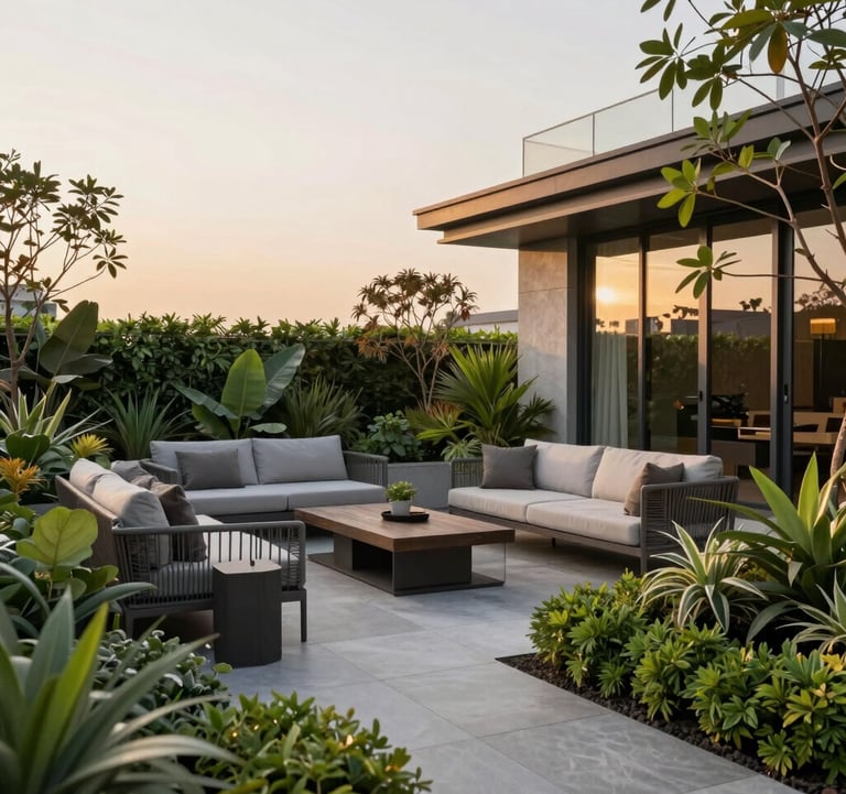 A sophisticated rooftop terrace garden in a South Asian / Indian residential project. Muted green lush plants and landscaped bushes frame a modern lounge area. The lighting is golden and warm during sunset, reflecting premium quality.