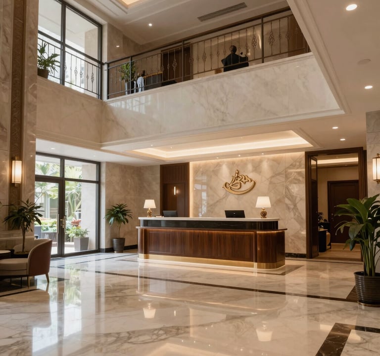 A view of the elegant residential lobby with polished floors and a reception desk, exuding trust and sophistication, typical of a premier Ranchi development.