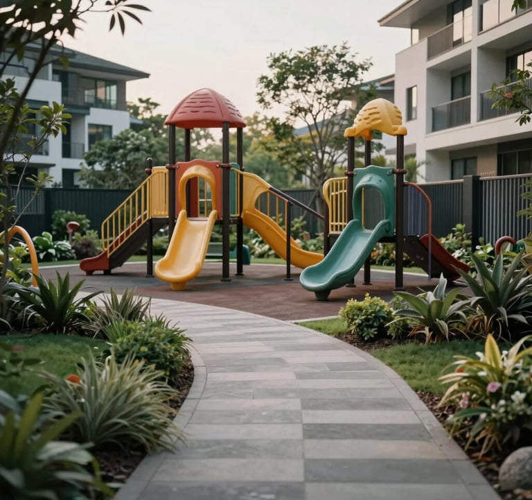 Outdoor photography of a modern playground and landscaped walking path within a gated community in India, highlighting the family-friendly nature of RK Apartment.