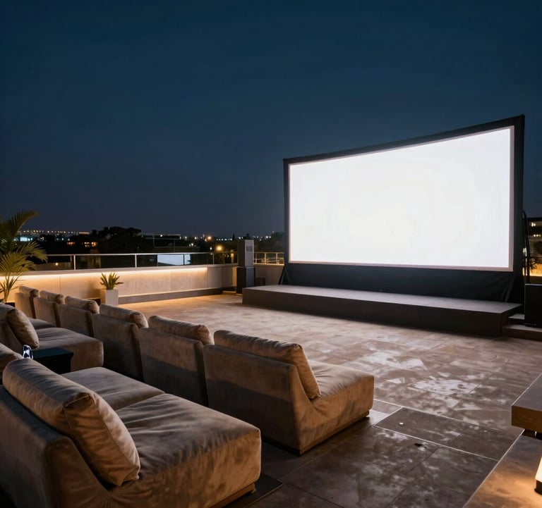 A rooftop theater under the night sky in Ranchi, comfortable lounge chairs, a large screen glowing, soft warm lighting creating a luxury cinema experience.