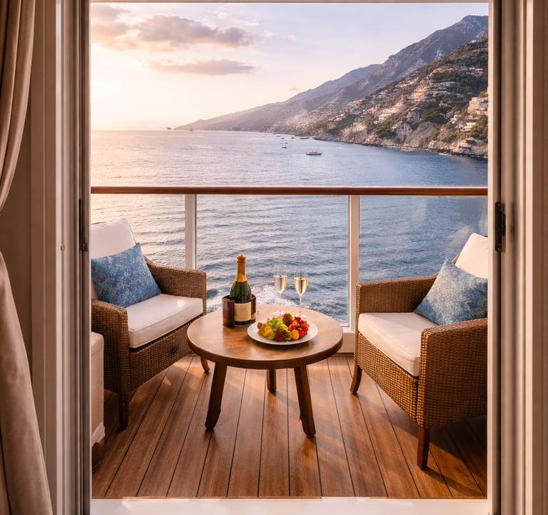 Luxury cruise ship balcony with champagne and fruit overlooking the Amalfi Coast at sunset.