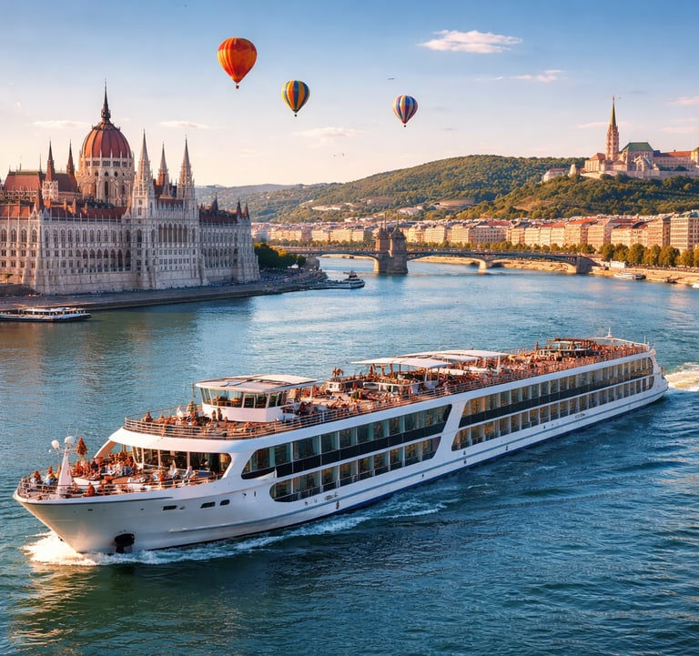 River cruise ship sailing on the Danube in Budapest past the Hungarian Parliament Building and hot air balloons.