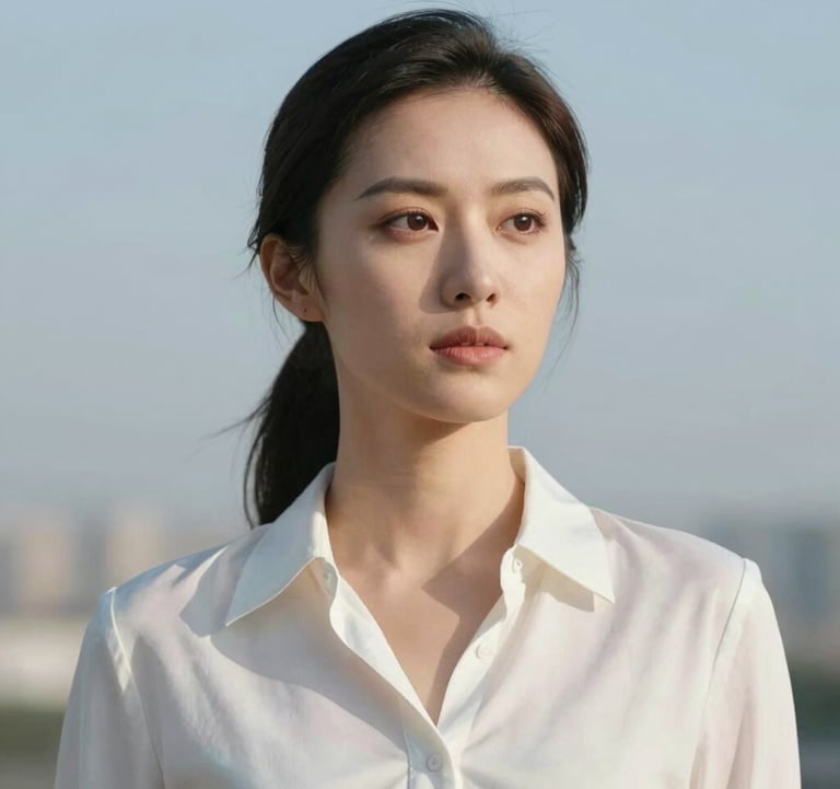 Close-up portrait of a focused female CEO in an elegant cloud white silk blouse. Neutral background with soft serene sky blue lighting. Sharp focus, capturing an air of authority and calm emotional intelligence.